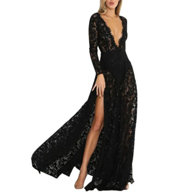 Women Lace Evening Party Prom Gown Dress Lady Formal Empire Waist Long Black V-Neck Sleeve Floor-Length Maxi Dresses | Женская одежда