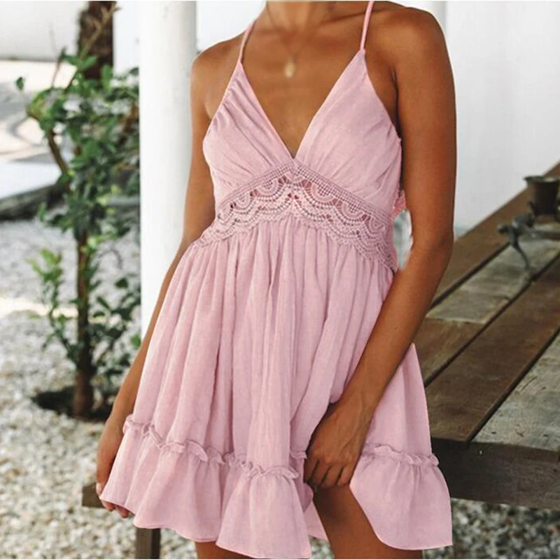Sexy Womens Summer Beach Strappy Dress V-neck Backless Sundress Holiday Clothes | Женская одежда