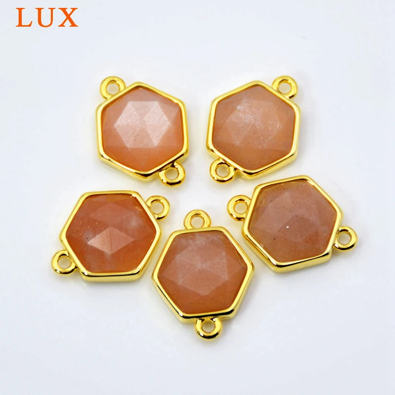 

Wholesale faceted sun stone Hexagon shape Gem stone connector gold bezel setting jewelry charms fashion bracelet findings