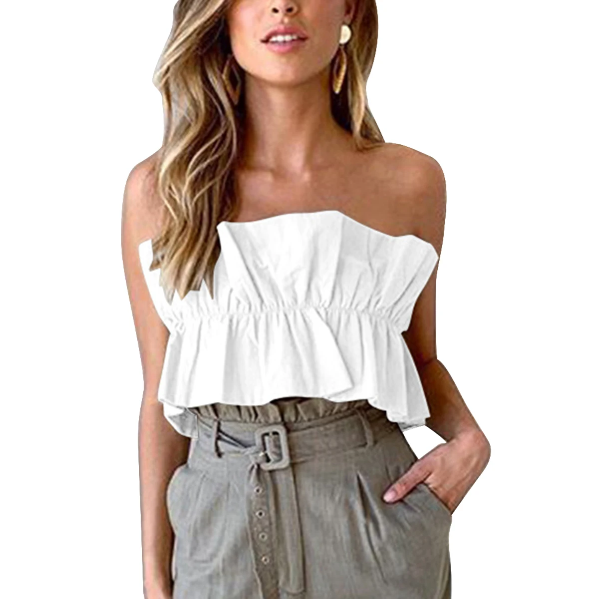 Женская летняя сексуальная без рукавов с оборками Однотонная рубашка открытыми