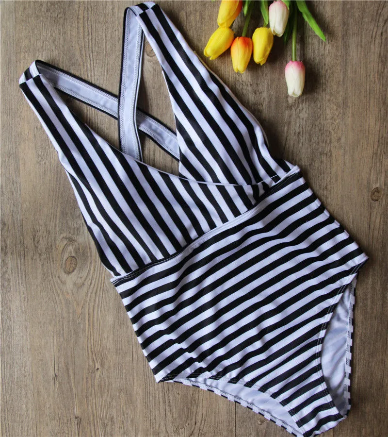 Striped sexy bathing vintage one piece monokinis Summer women femme Deep V push up padded swimsuits High waist holiday Brazilian | Спорт и