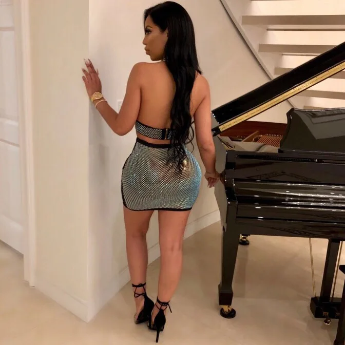 Hot Drilling Bling Women Sexy Dresses Halter Backless 2 Piece Summer V Neck Nightclub Dress Suits | Женская одежда