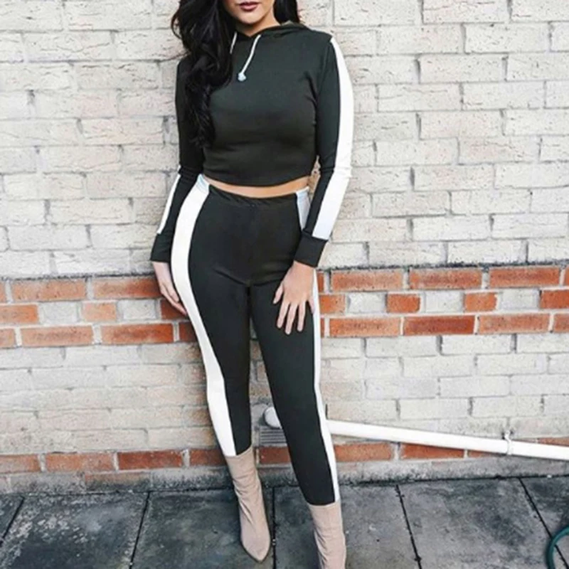 Women Tracksuit Hoodies long sleeves Crop Top Sweatshirt and Side Stripe Pants Hooded 2 Pieces Sets Suits Female | Женская одежда