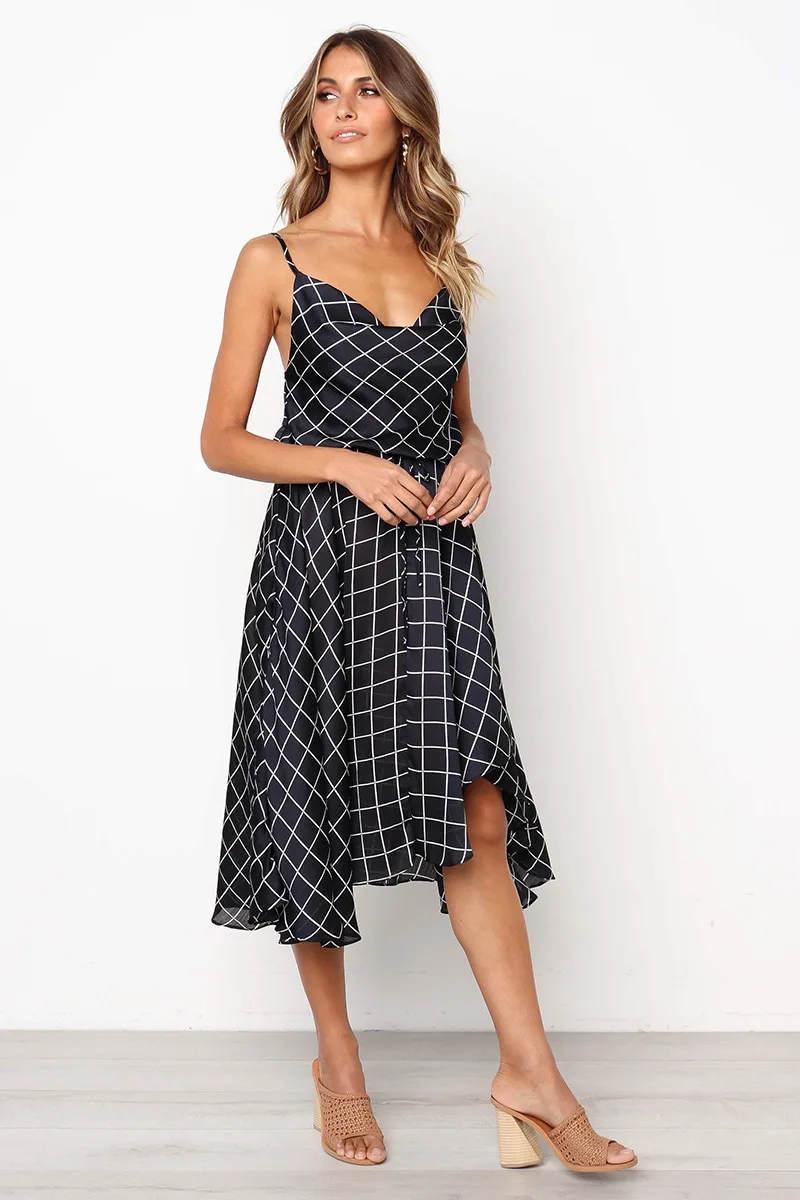 2019 Fashion Women Dress Summer Plaid Laced Sexy V-neck Halter Irregular Sleeveless Bohemian Mid Calf Female Beach Dresses | Женская