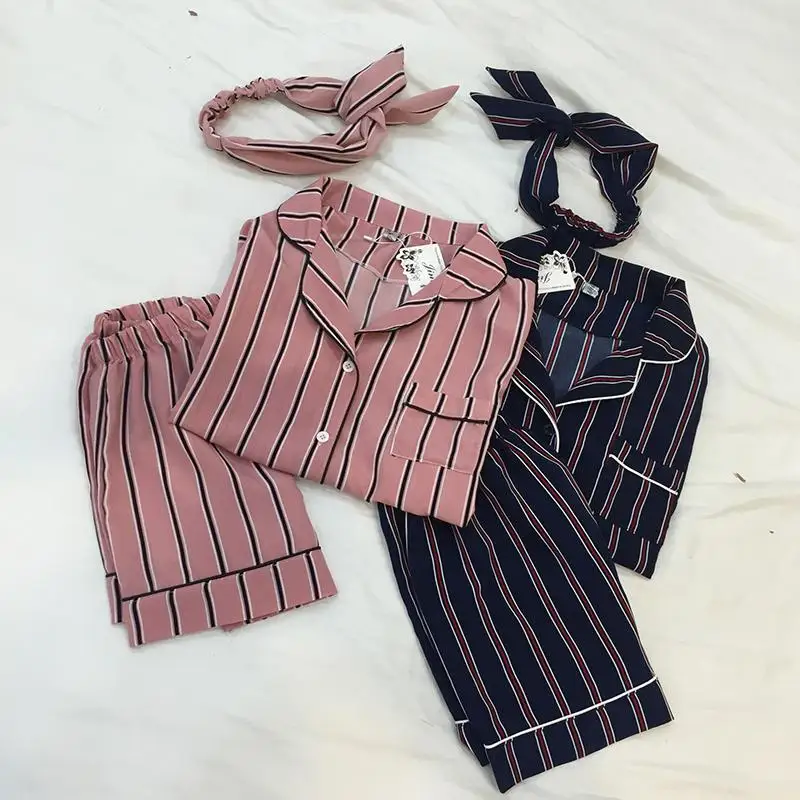 

MISSKY 3PCS/Set Women Vertical Stripe Short-sleeved Pajamas + Shorts + Hair Band Home Wear