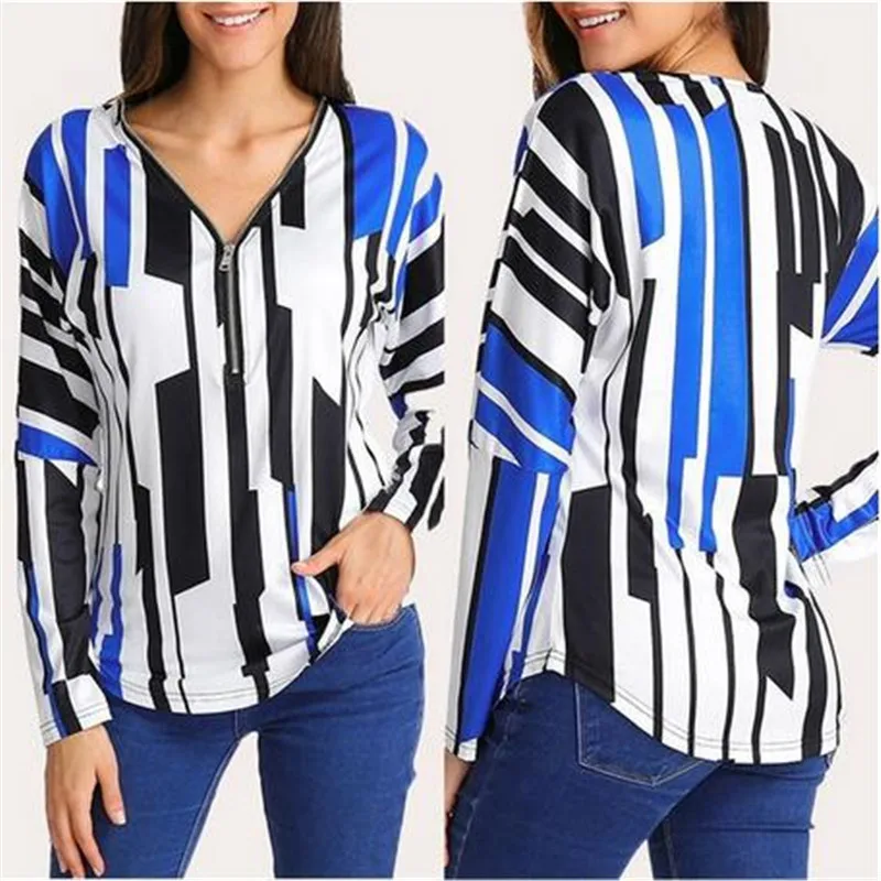 2020 Stripped T Shirt New Fashion Clothes Women Summer Tops Loose Plus Size V Neck Zipper Tshirt Harajuku Streetwear Okd825 | Женская