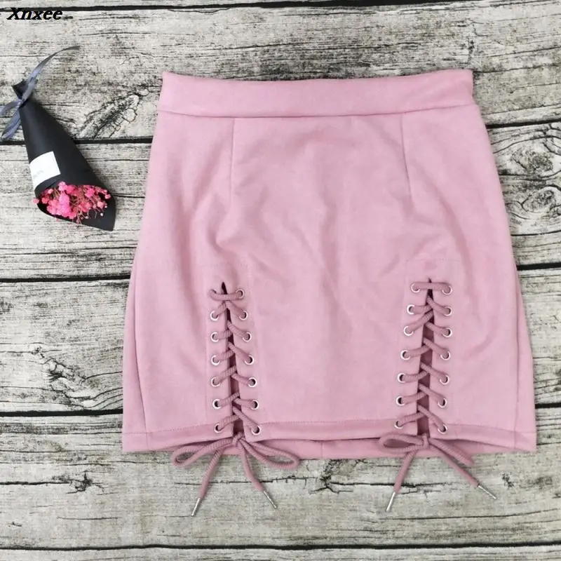 

Xnxee 2020 New Suede Mini Skirts Women Double Side Lace Up Summer Above Knee Leisure Skirts Womens Streetwear Hot Sale