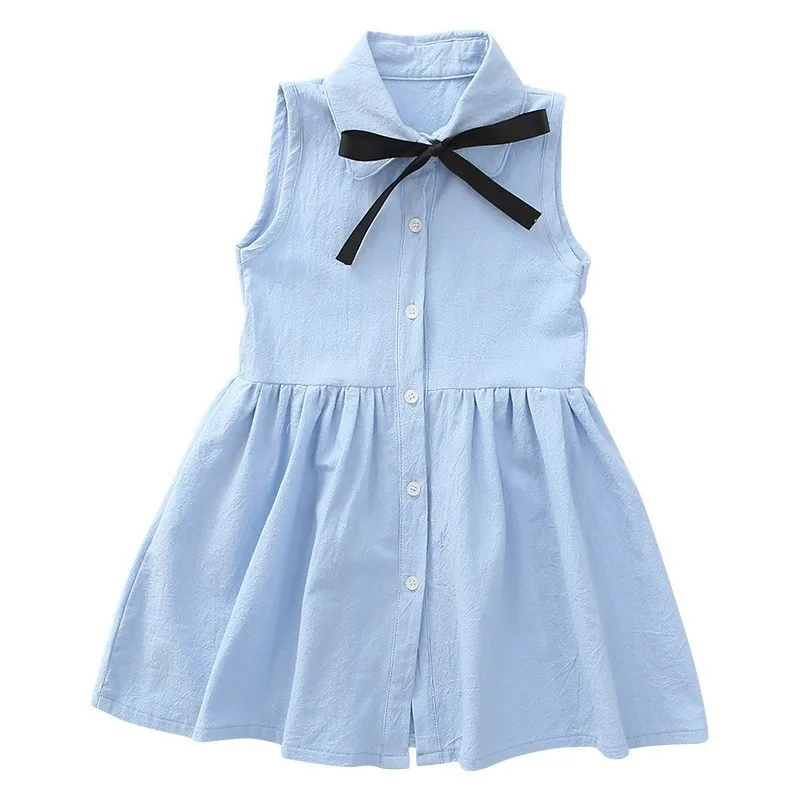 Bow School Children Dresses Kids Baby Shirts Summer Dress Girl Button Pink Blue Girls Teenagers Clothing Turn Down Collar 2019 | Детская