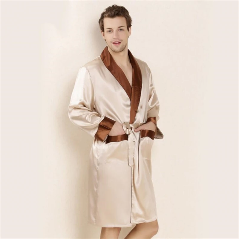 IANLAN Spring Summer Mens Silk Pajamas 100% Real Silk Bathrobe Long Robe Nightgown with Waistband Sleepwear IL00458
