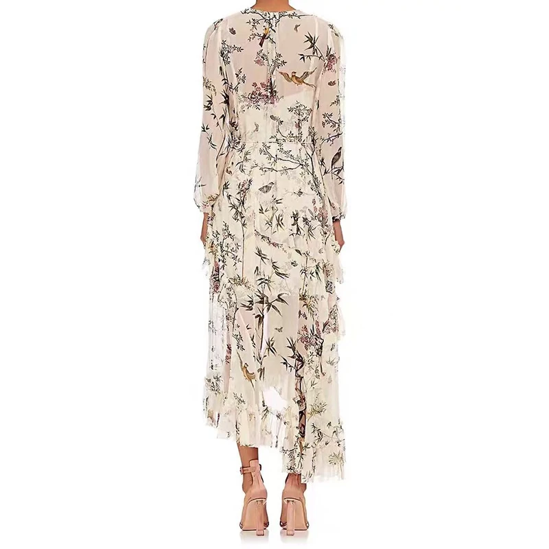 DEAT 2020 New Summer Round Neck Full Sleeves Printed See Through Thin Pullover Dresses Flower Chiffon Two Pieces WG16800L | Женская