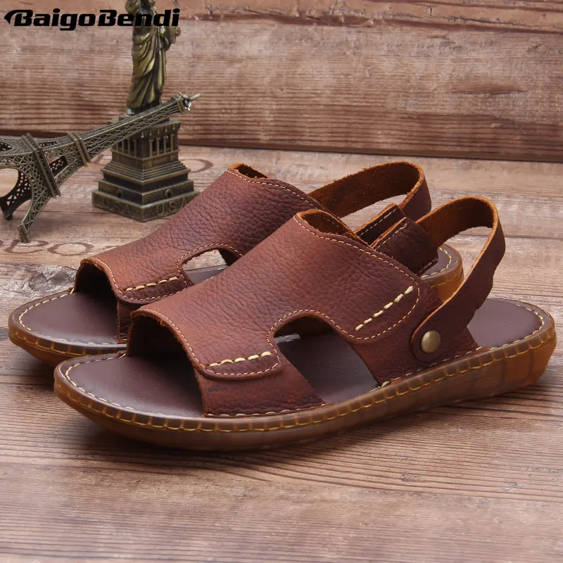 US Size Middle-aged And Old People Summer Sandals Real Lether Soft Slides Casual Man Lightweight Shoes