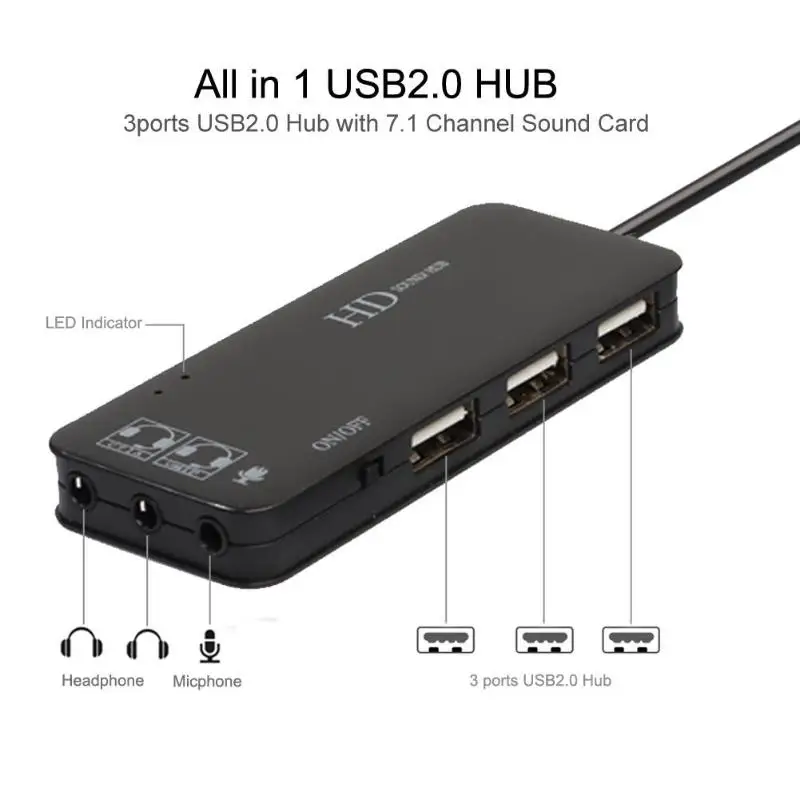 Placa de Som Laptop e Computador Usb com Adaptador de Microfone com 3 Externa de 7.1 2.0 para pc Portas Canais Headset Hub Usb