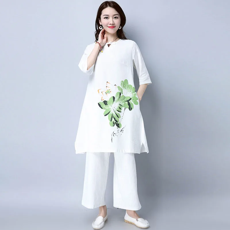 Женский комплект из двух предметов элегантные хлопковые льняные свободные брюки