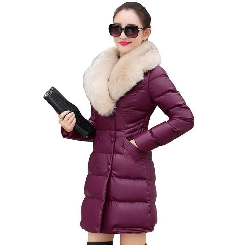 Fashion Big Fur Collar Winter Jacket Women Long Plus Size PU Leather Down Jackets Cotton Windproof Warm Black Padded Parka Ls033