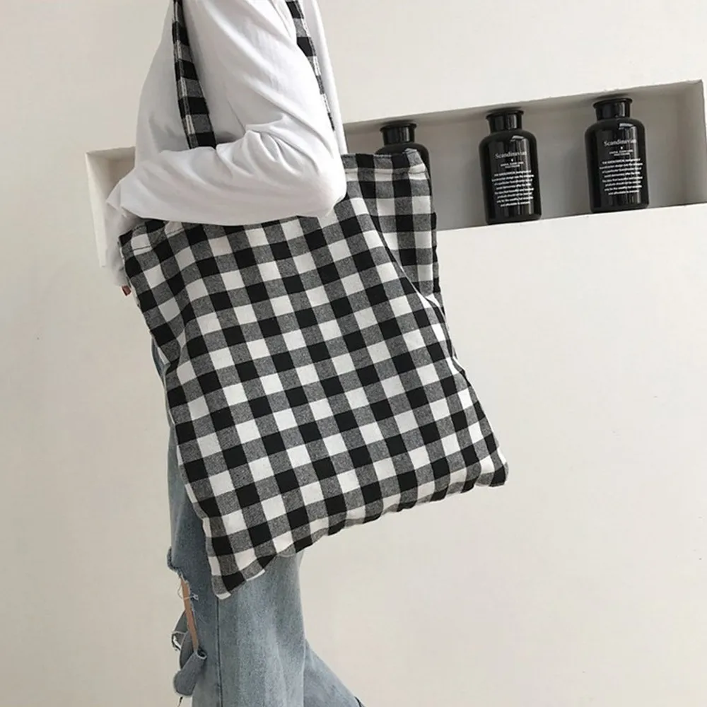 New year gift Pattern Canvas Bag women Lattice Vertical Minimalism Package Student A Large Capacity Tide Female handbag | Багаж и сумки