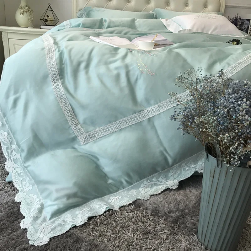Hotsale 80s Imported Tencel Bedding Set Lace Embroidery Two-sided Ice Silk Quilt over Summer Home Textile 1.8m Bedsheet Freeship | Дом и сад