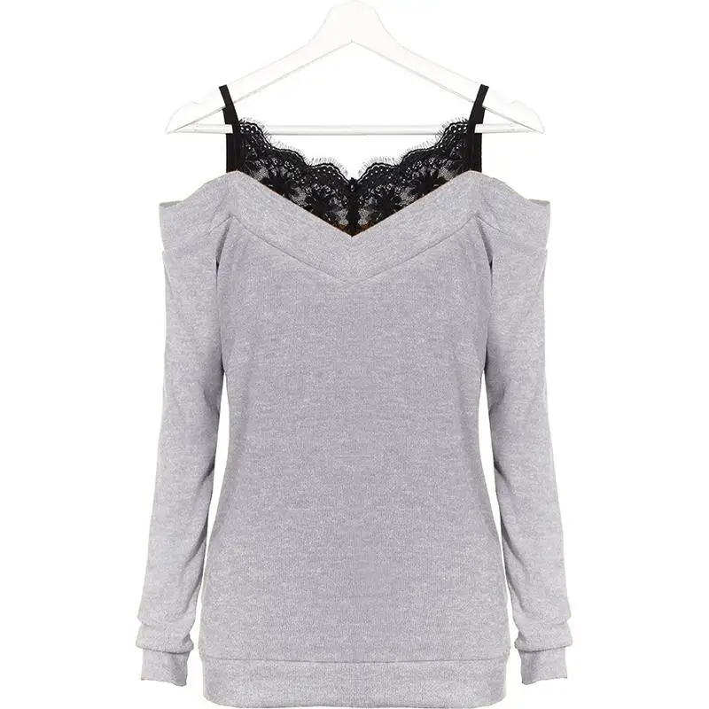 Fashion Women Shirt blusas Lace Neck Cold Shoulder Long Sleeve Tops Blouse Camisas Mujer SJ1395A |