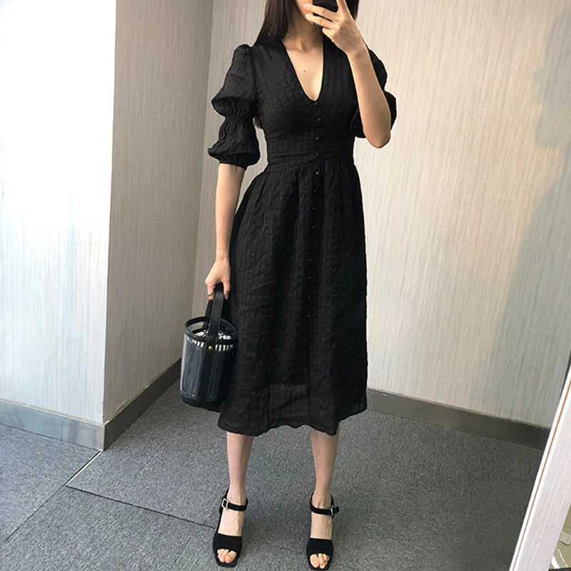 SISPELL Vintage Solid Dress For Women V Neck Puff Sleeve High Waist Slim Midi Summer A Line Dresses Female Fashion New Tide 2019 | Женская