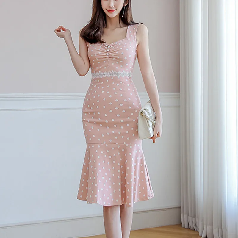 Летнее женское платье 2019 элегантное с рюшами в горошек принтом розовый узкий