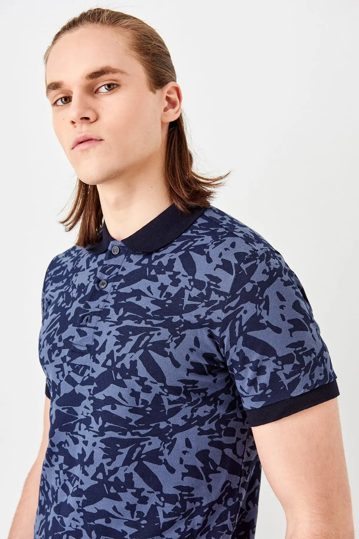 Trendyol Новый Индиго печатных Slim Fit Поло шеи Футболка TMNSS19HD0014 | Женская одежда