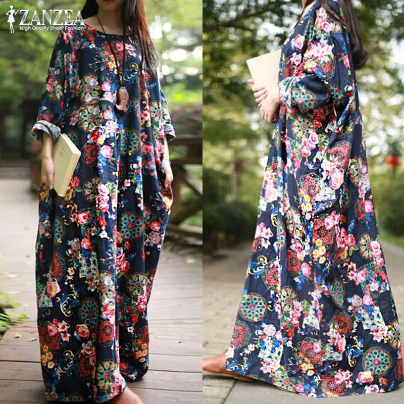 

ZANZEA 2022 Vintage Floral Print Dresses Women's Maxi Dress Sleeve Linen Vestidos Kaftan Robe Woman Sundress