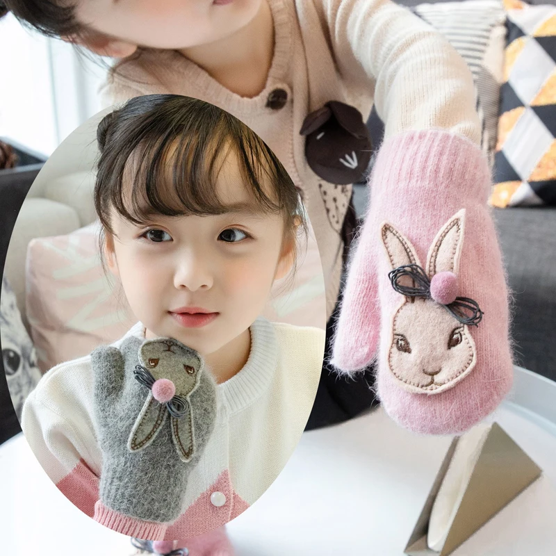 BalleenShiny Cartoon Rabbit Gloves Winter Children Thicken Warm Kids Girls Cute Full Fingers Hair Wool Mittens | Детская одежда и