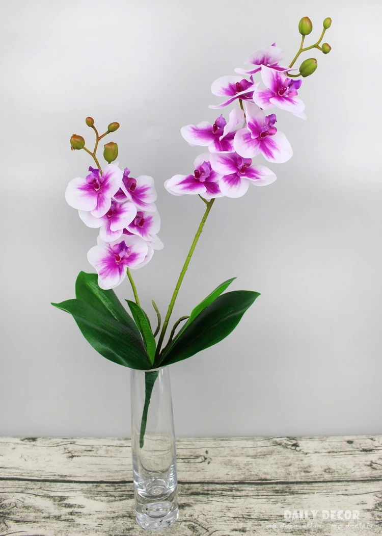 Kopen Hoge Simulatie Real Touch 2 Vorken Kunstmatige Vlinder Orchideeën Met Bladeren Groothandel Wedding Decoratieve Phalaenopsis Bloemen