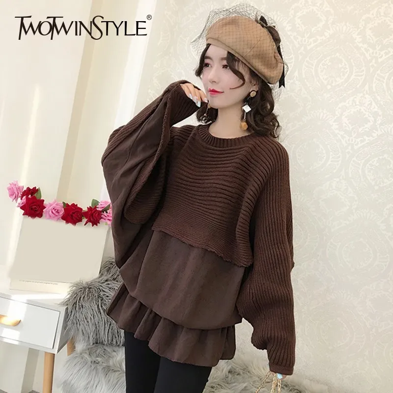 TWOTWINSTYLE лоскутное Вязание пуловер свитер для женщин Batwing Топы с длинными рукавами