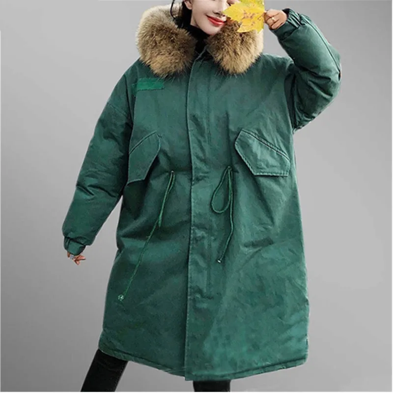 Women Parkas Winter Thicken Hooded Fur Collar Coat Plus Size Warm Loose Long Cotton Wadded Female Jacket Jaqueta Feminina LS42