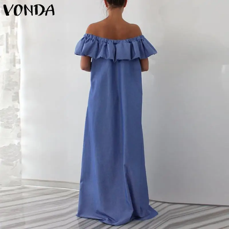 VONDA S-5XL Women Sleeveless Dress Summer 2020 Sexy Off The Shoulder Ruffle Maxi Solid Floor-Length Vestido Oversized | Женская одежда