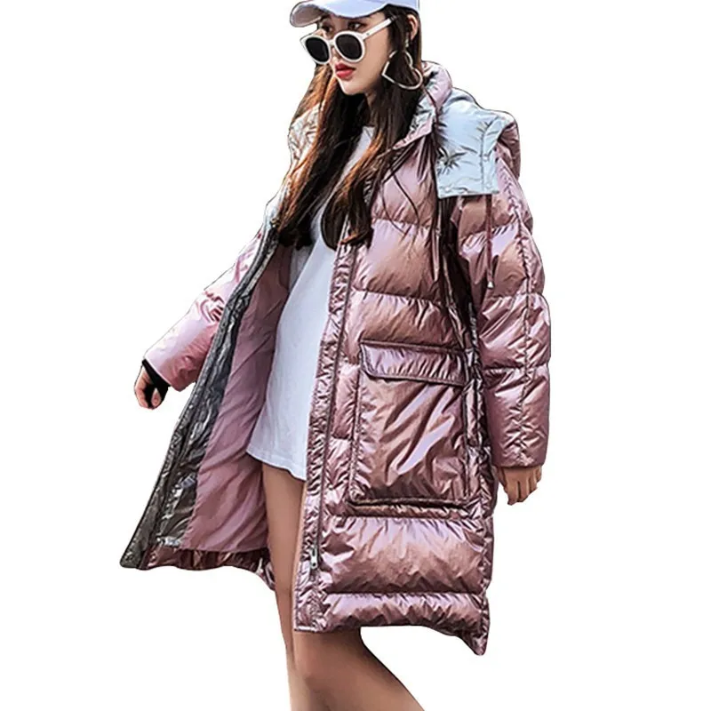 Flash Light Pink Down Cotton Jacket Women Winter Long Coat Hooded Parkas 2019 Bright Thicken Padded Female Warm Outerwear PL20