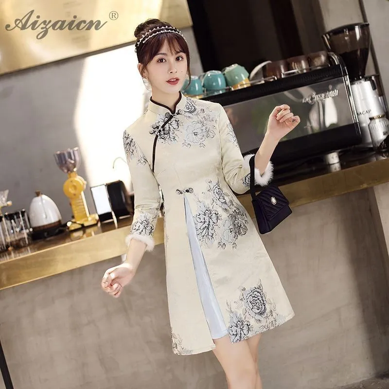 Высококлассное жаккардовое переплетение Cheongsam китайское модное китайское традиционное платье Qi Pao Восточный стиль платья с вышивкой Qipao зима