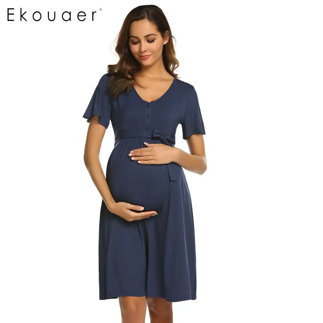 Ночная рубашка Ekouaer Женская однотонная с треугольным вырезом и коротким рукавом