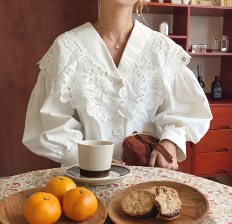 Женская рубашка SHENGPALAE белая с треугольным вырезом и рукавом фонариком 2019| |