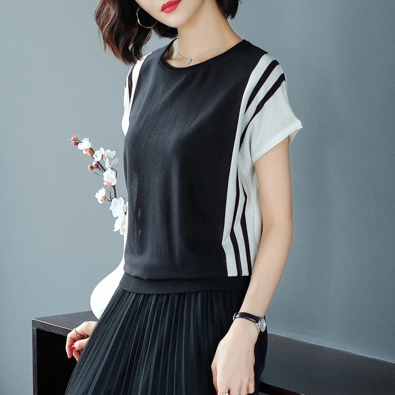 Летний пуловер Женский и 2019 новый короткий рукав О-образный вырез тонкий вязаный