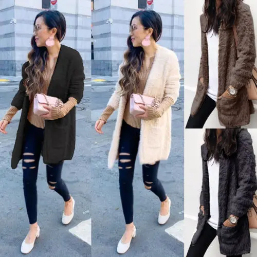 

Fashion Women Cardigan Fur Outerwear Tops Winter Warm Fluffy Coat Ladies Warm Chic Pluff Jackets Female Coats With Pocket