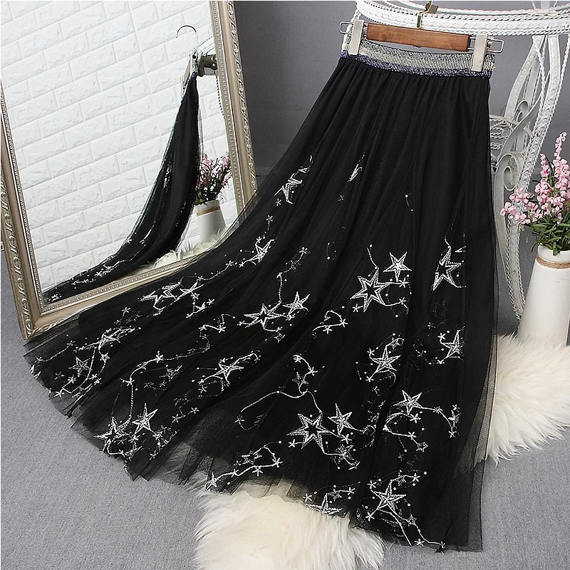 Женская длинная юбка с высокой талией и вышивкой | одежда