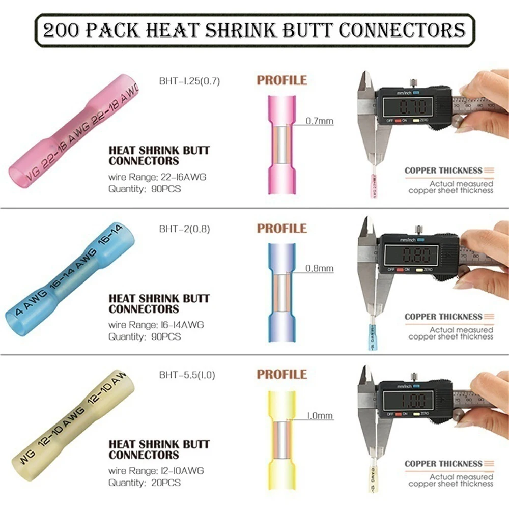 200 шт. 3 размера Водонепроницаемый термоусадочный стыковый соединитель коробка