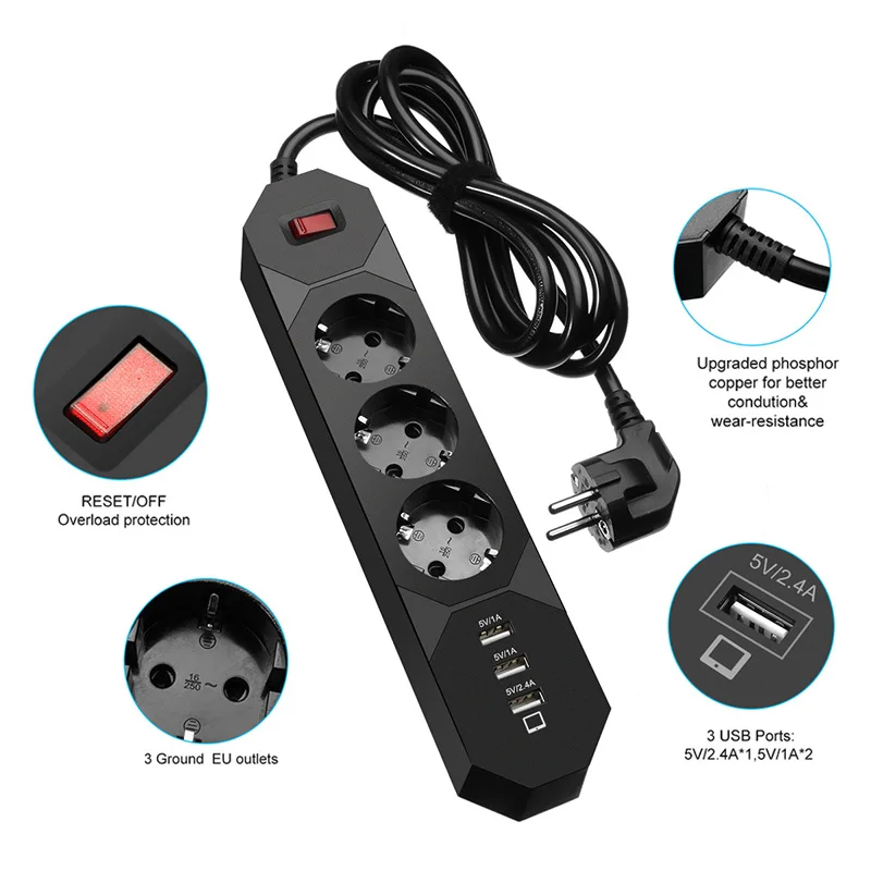 CLAITE Смарт USB Мощность полосы 5V 2.4A 3 Порты зарядка через адаптер переменного тока 250