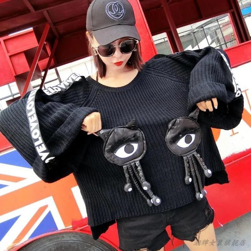 QING MO Women Big Eye Decorate Tassel Sweater 2018 Autumn Flare Sleeve Pullover Loose Letter Ribbon DQ005M | Женская одежда