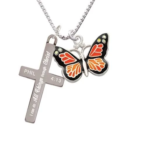 Large Monarch Butterfly with 6 AB Crystals - I Can Do All Things Cross Necklace | Украшения и аксессуары