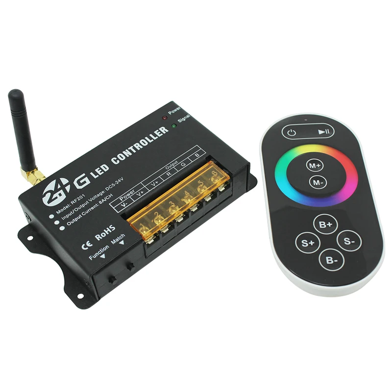 

DC5-24V 2.4G RF RGB LED Controller;wireless touch full color led dimmer,output:3channels,8A each channel,power:12V<288W,24V<576W