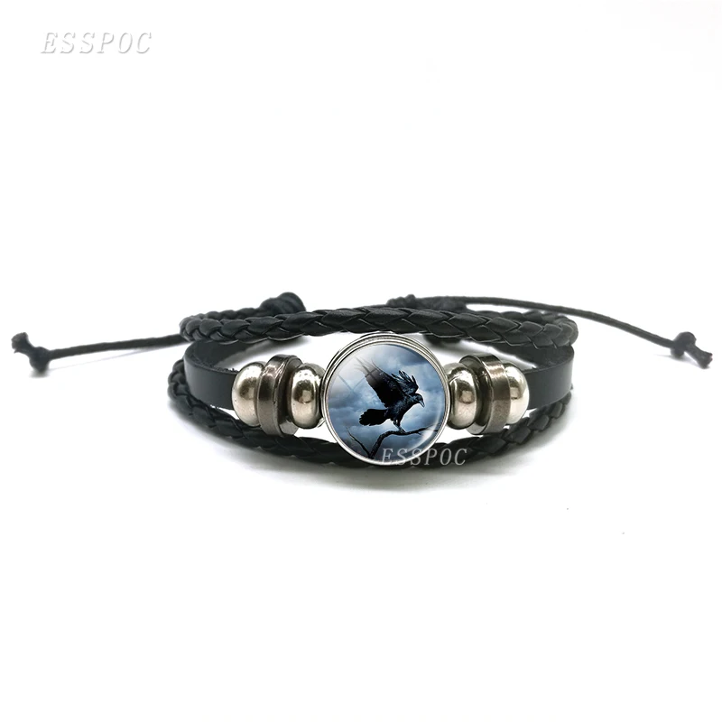 Кожаный браслет для пар Black Raven and Wolf многослойный черный со стеклянным купольным