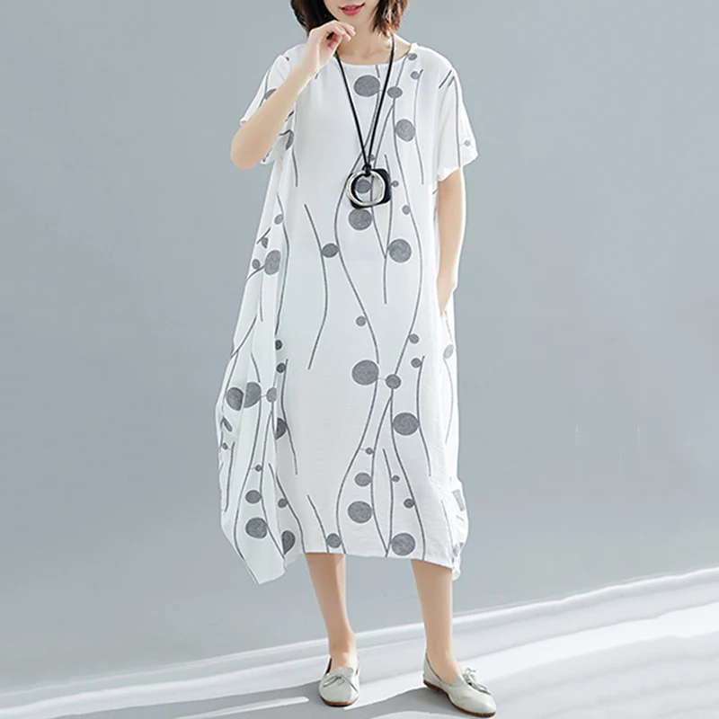 Женский винтажный сарафан в горошек белый пляжный мешковатый стиле бохо с