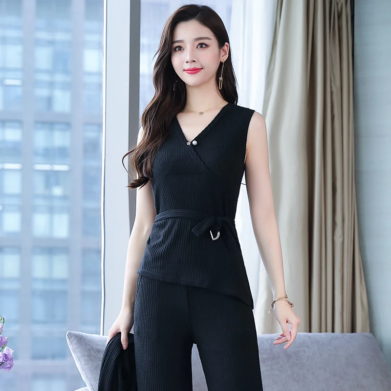 2019 Casual Tracksuit Women 3 Pieces Set Knitted Pullover Sweaters Tops Deep V-neck Long Sleeve Sweatshirt Pants Women's Sets | Женская