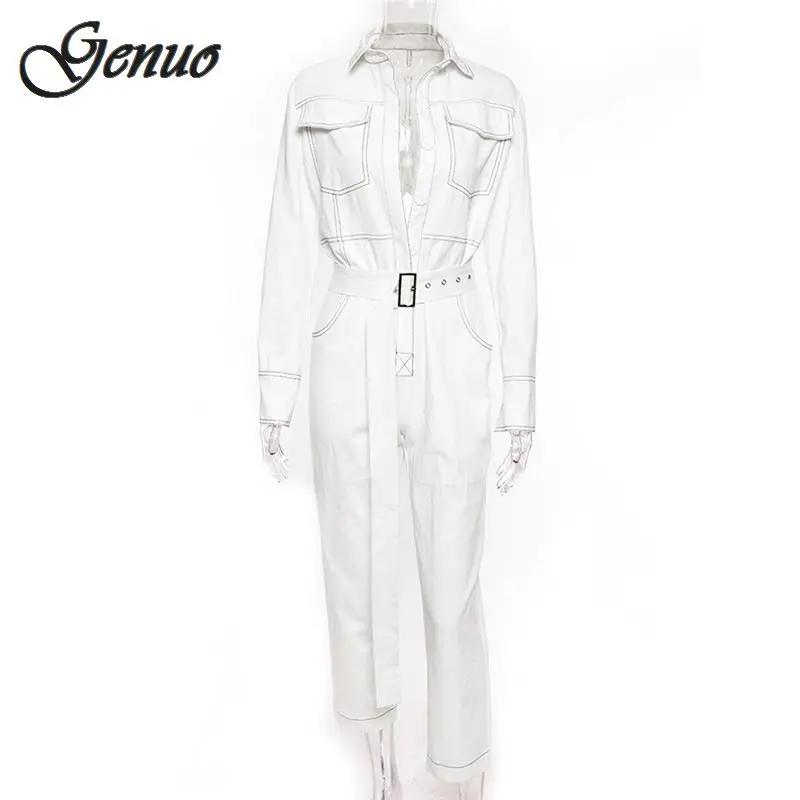 Женский джинсовый комбинезон с поясом черный/белый из денима длинным рукавом