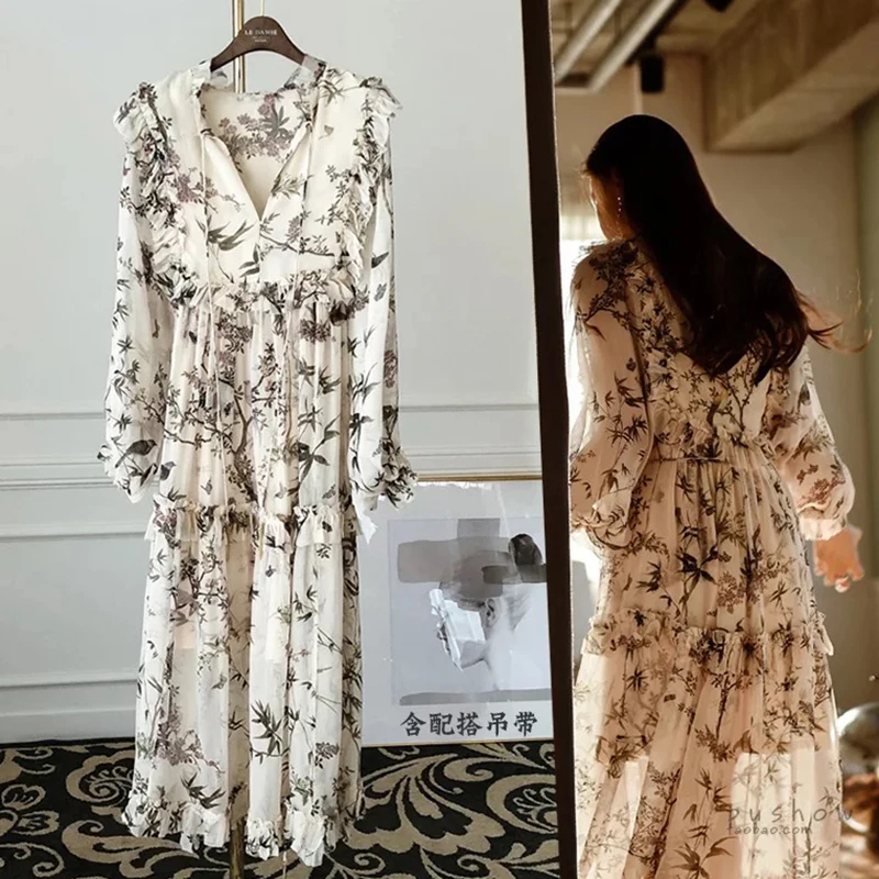 DEAT 2020 New Summer Round Neck Full Sleeves Printed See Through Thin Pullover Dresses Flower Chiffon Two Pieces WG16800L | Женская