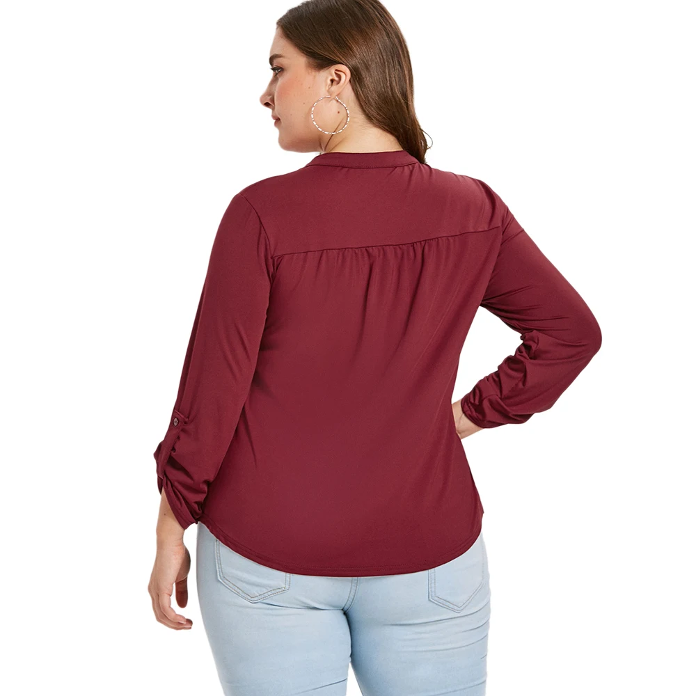 2018 плюс Размеры передние карманы Half Zip футболка Для женщин осень-зима v-образным