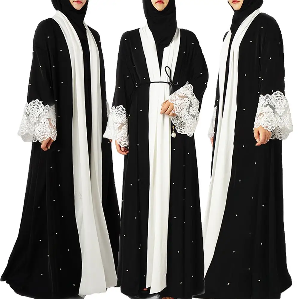 Women Abaya Open Cardigan Lace Cuff Hand Beading Long Dress Muslim Maxi Robe Elegant Party Islamic Clothing Kimono Turkey Tunic |