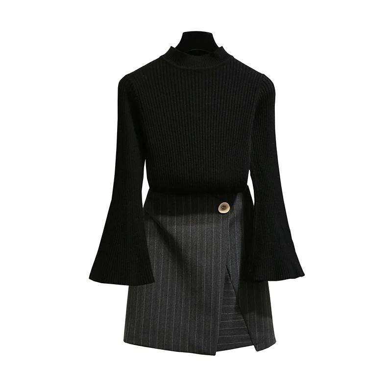 

Spring Horn Sleeve Knit Irregularly Split Stripes Bust Skirt Of Tall Waist Black Top Knitwear Vestido